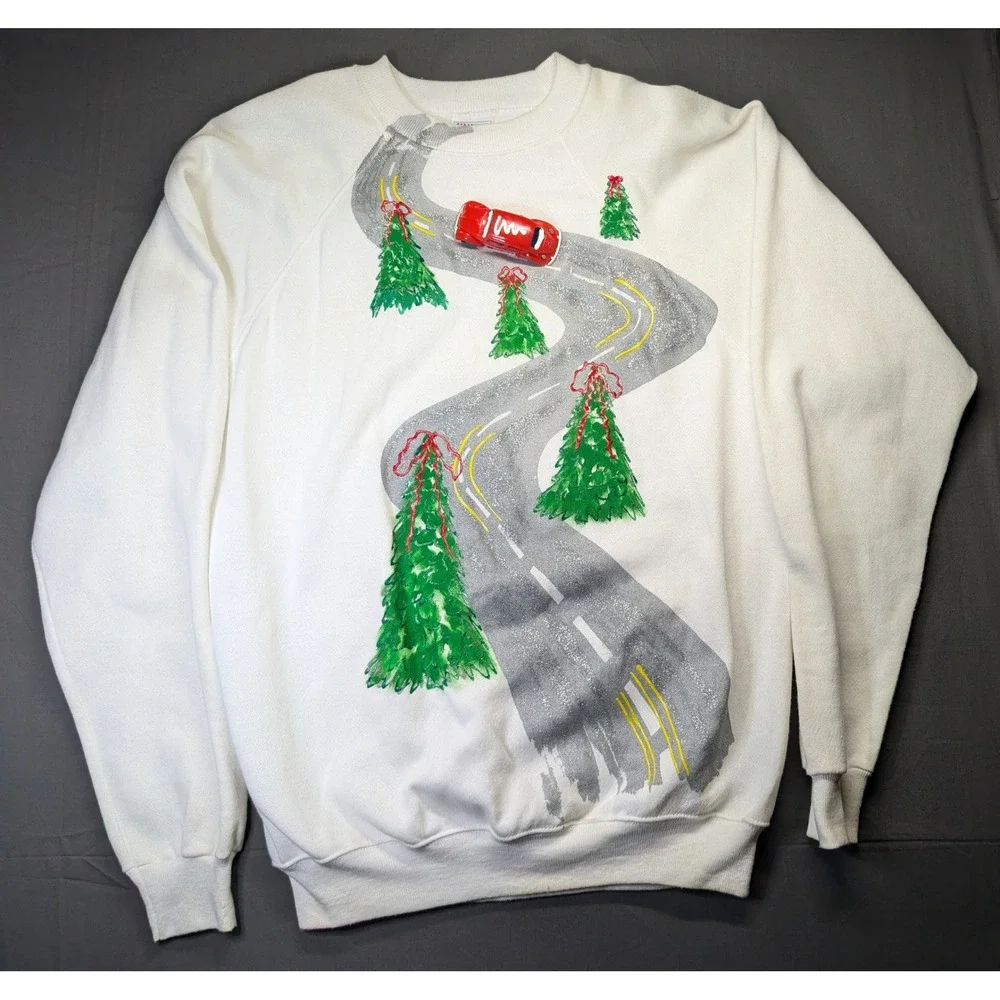 Vintage Hanes Christmas Sweatshirt XL White Hand Painted 3D Car Road Trip USA